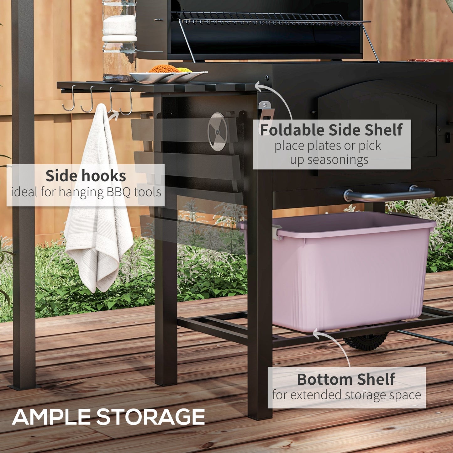 Charcoal BBQ Grill with Adjustable Height and Folding Shelves