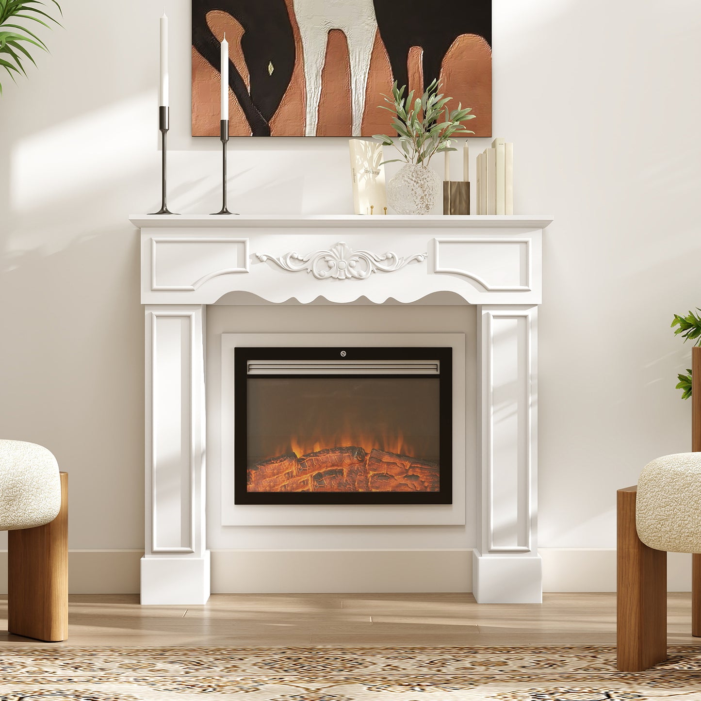White Baroque Fireplace Mantel Surround for Electric Fireplaces - 43.3 Inch Wide