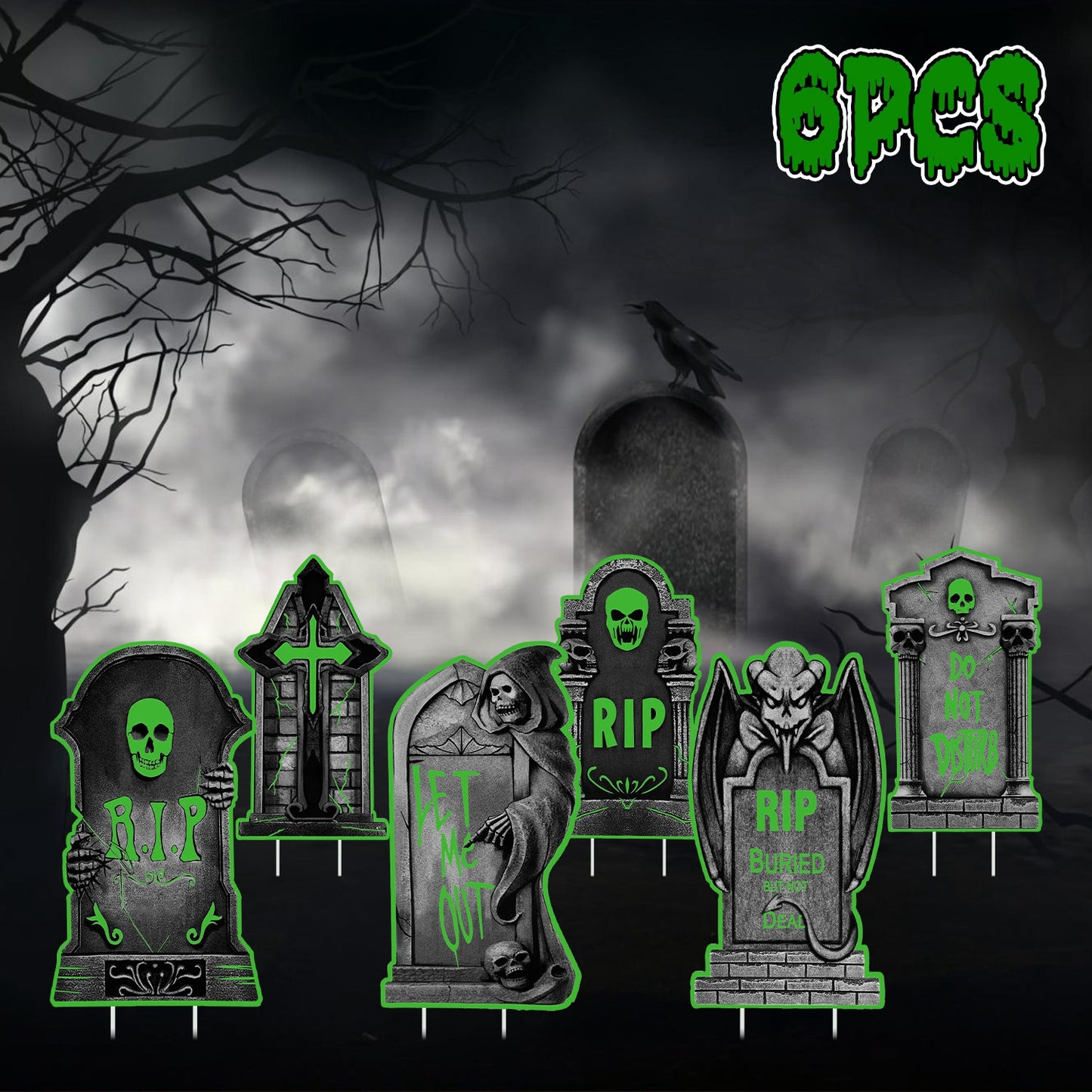 Glow In The Dark Halloween Yard Sign Set - 6 Pcs Skeleton & Cat