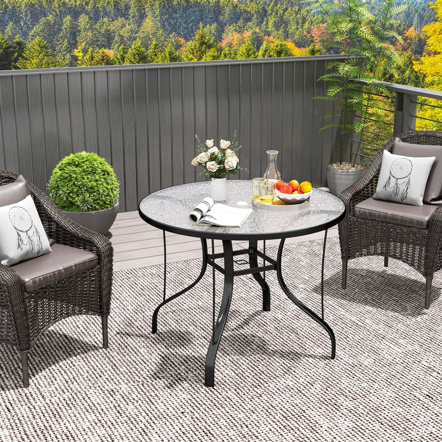 38" Round Outdoor Dining Table with Umbrella Hole - Black