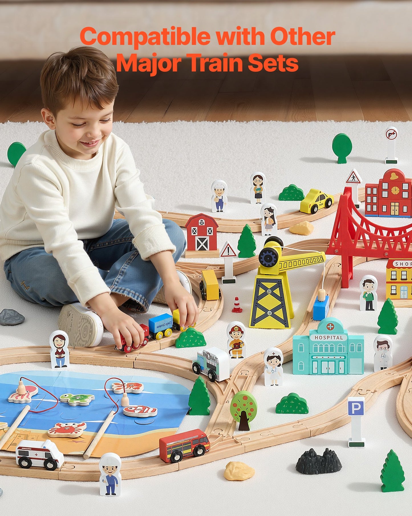 Wooden Train Set with Magnetic Tracks and Accessories - 39PCS Kids Playset for Ages 3-8