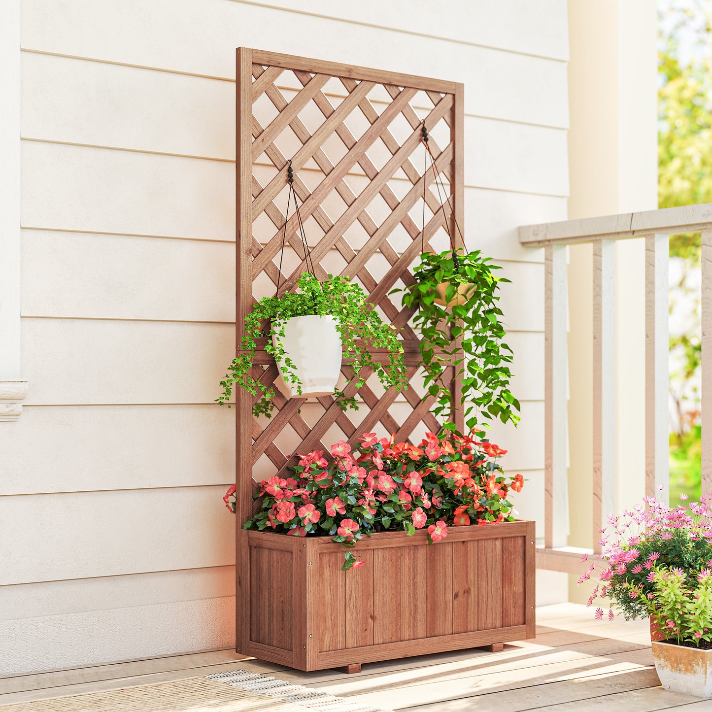 Wooden Raised Garden Bed with Trellis - Outdoor Planter Box, Orange 820x820x85mm