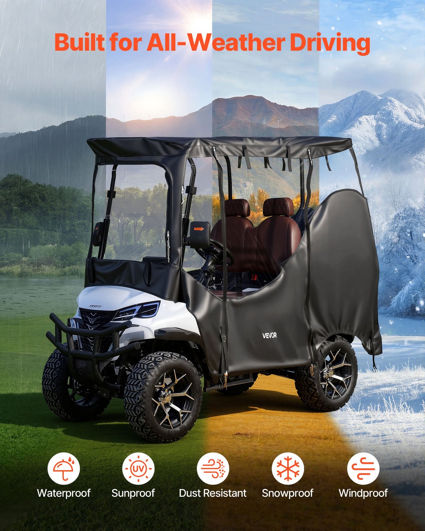 Waterproof Golf Cart Cover for 2-4 Passenger Carts - Full Enclosure, UV & Windproof, Fits Yamaha, EZGO, Club Car, Honda - Black