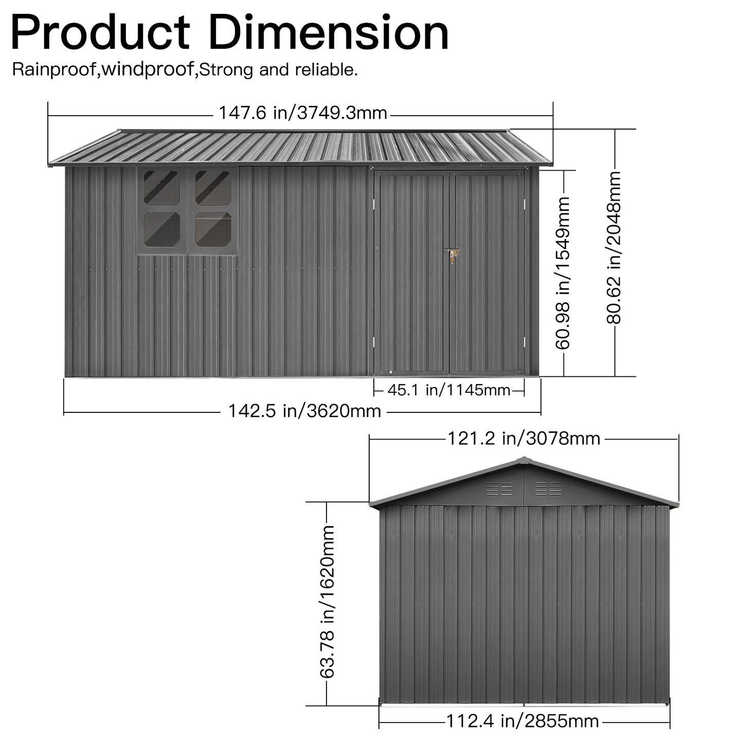 Metal Garden Shed 12x10 Ft with Window & Shelves - Grey