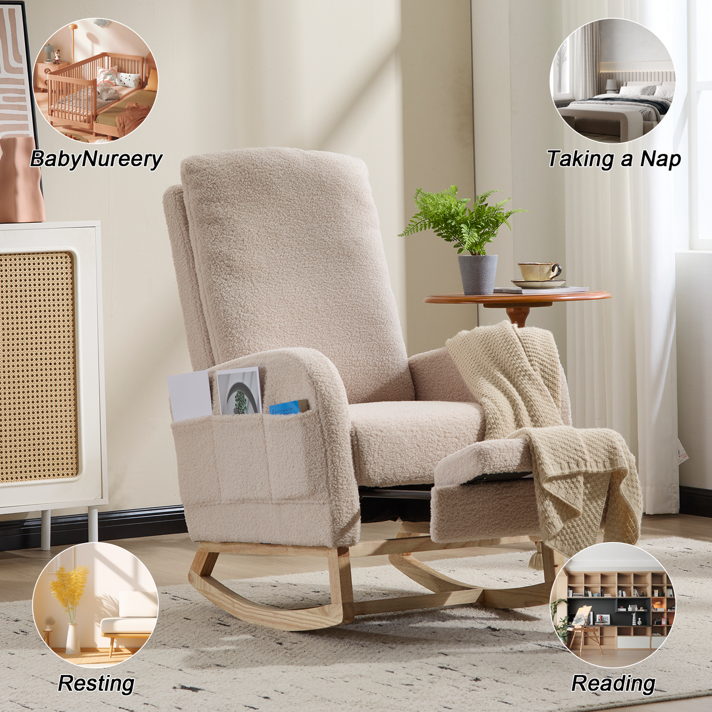 Modern Accent Rocking Chair with Solid Wood Legs - Beige