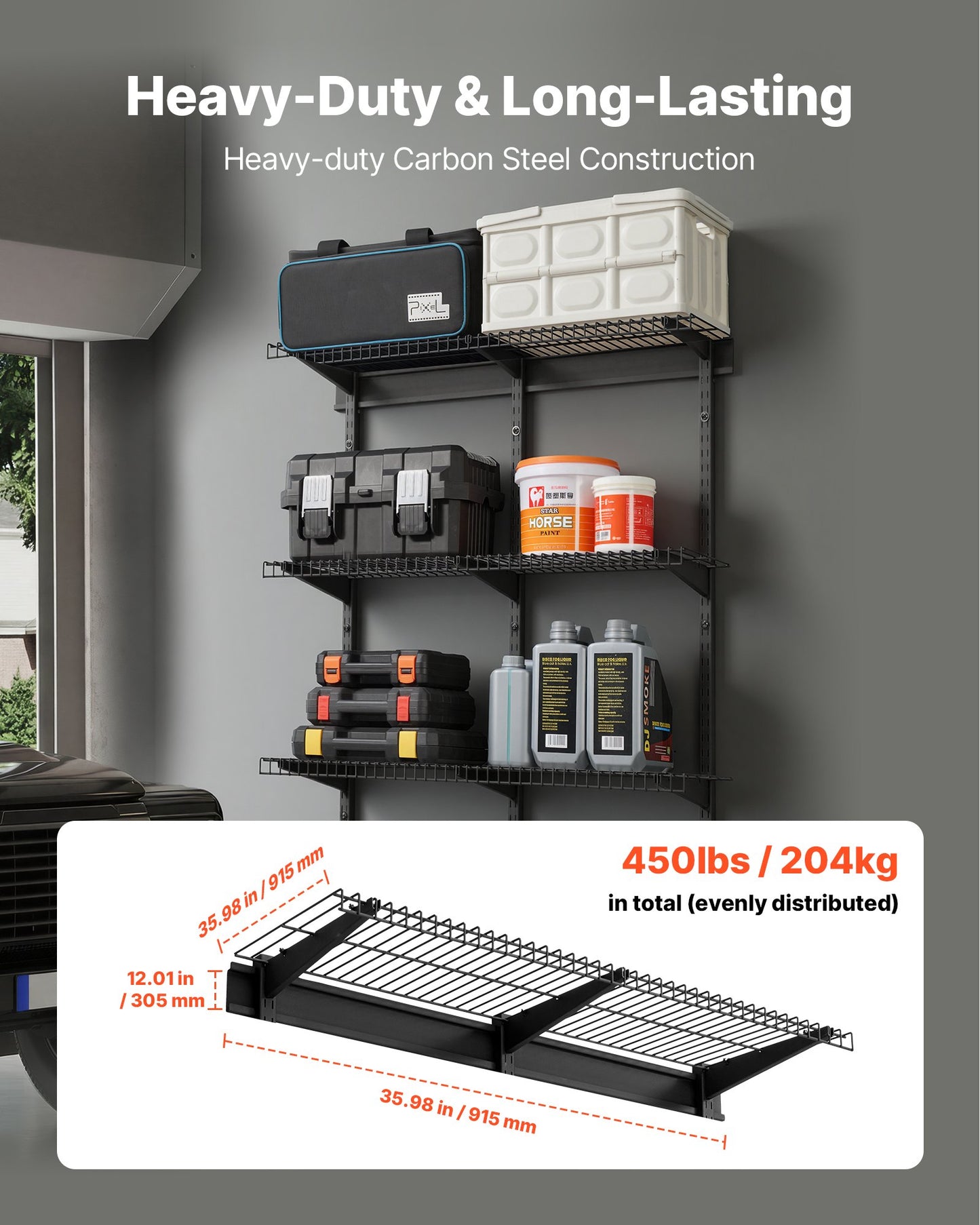 Heavy Duty Wall Garage Shelving Set - 3 Tiers Steel Wall Mounted Storage Rack
