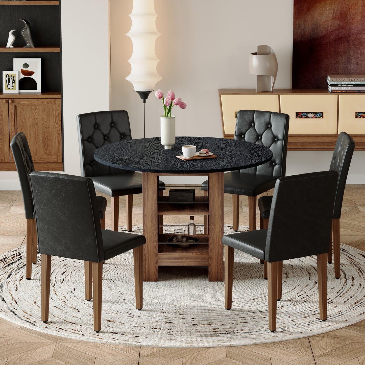 Table And Chair Set. 42 Inch Round MDF Black Dining With Double-layer