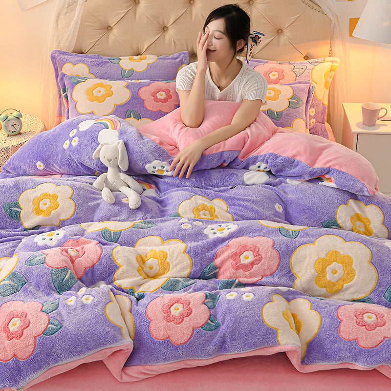 Coral Velvet Duvet Cover Set Double Sided Thick Bedding with Cartoon Patterns