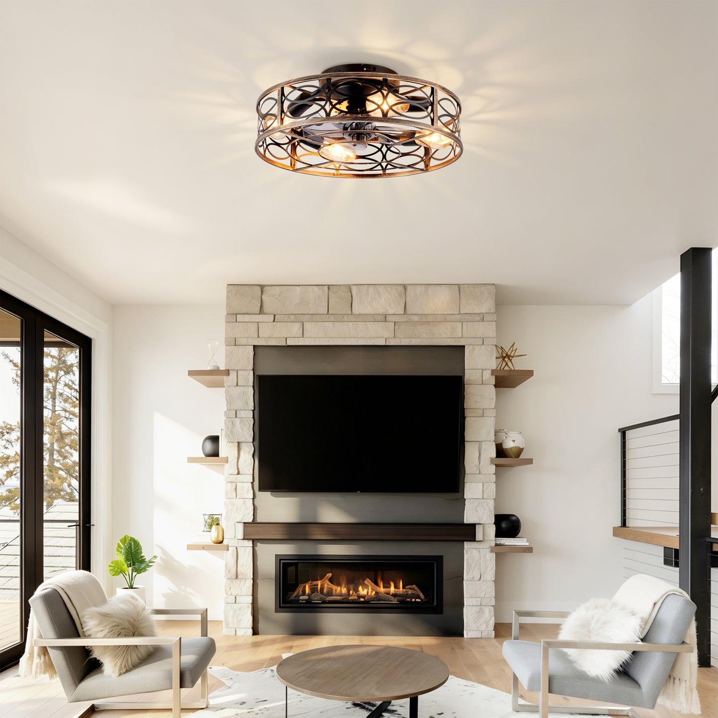 20" Low Profile Caged Ceiling Fan with Lights & Remote - Blush Gold Bronze