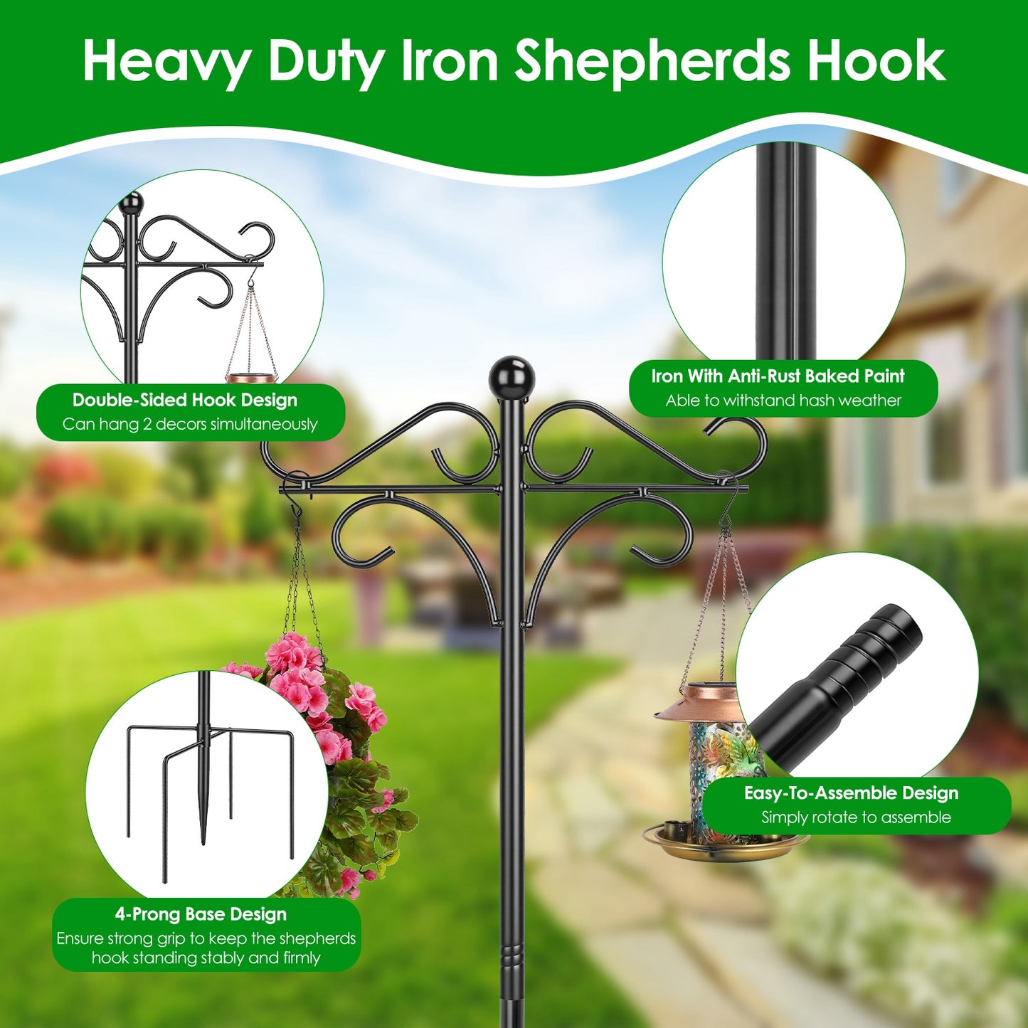 Heavy Duty Double Shepherds Hook Garden Pole - Adjustable Outdoor Bird & Plant Hook