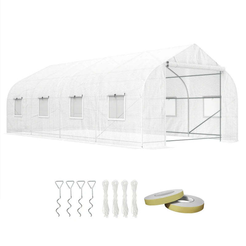 Large Walk-In Tunnel Greenhouse with Roll-Up Door - White Garden Shelter