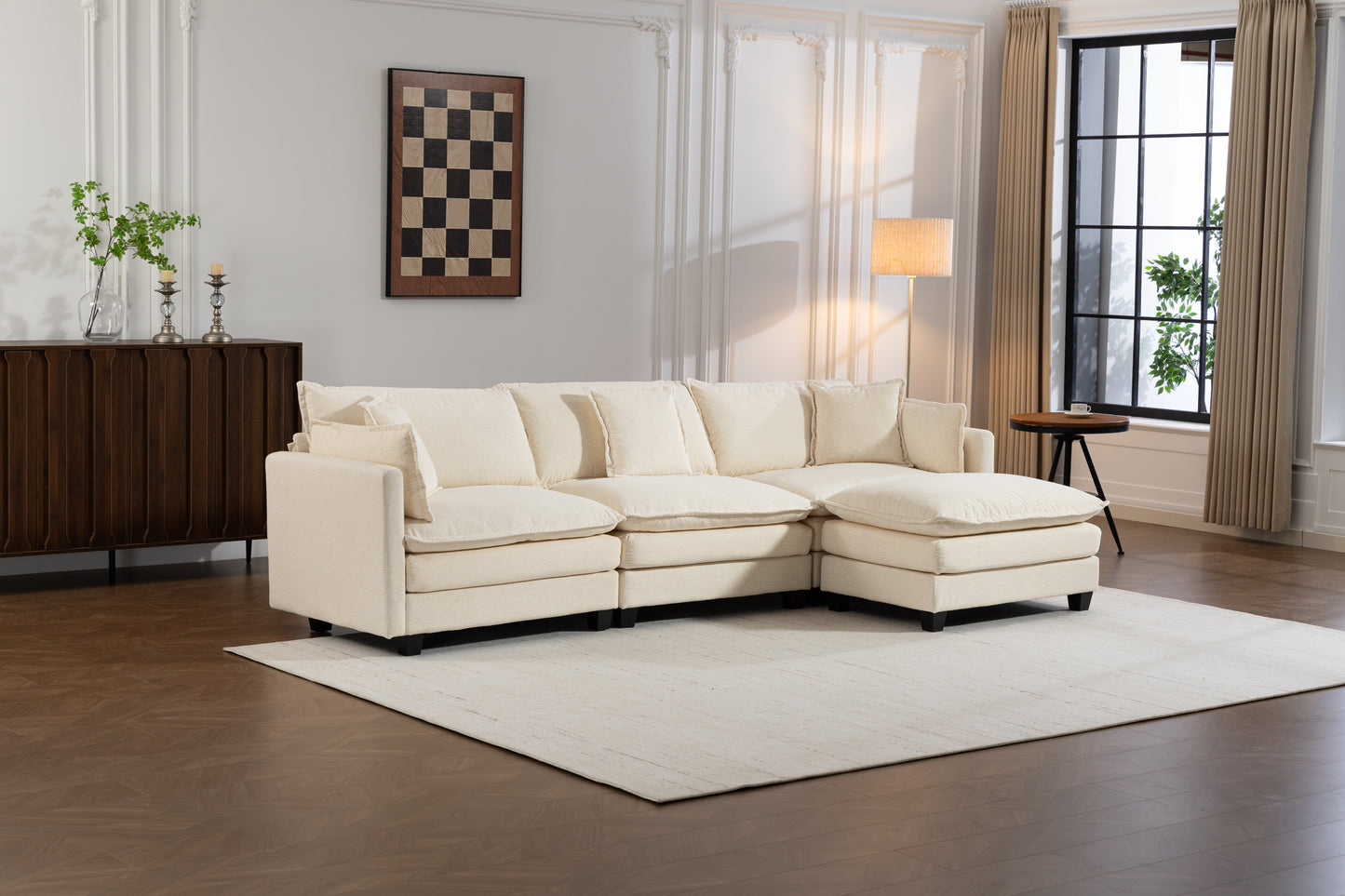 Modern 3-Seat Sectional Sofa with Ottoman - Antique White