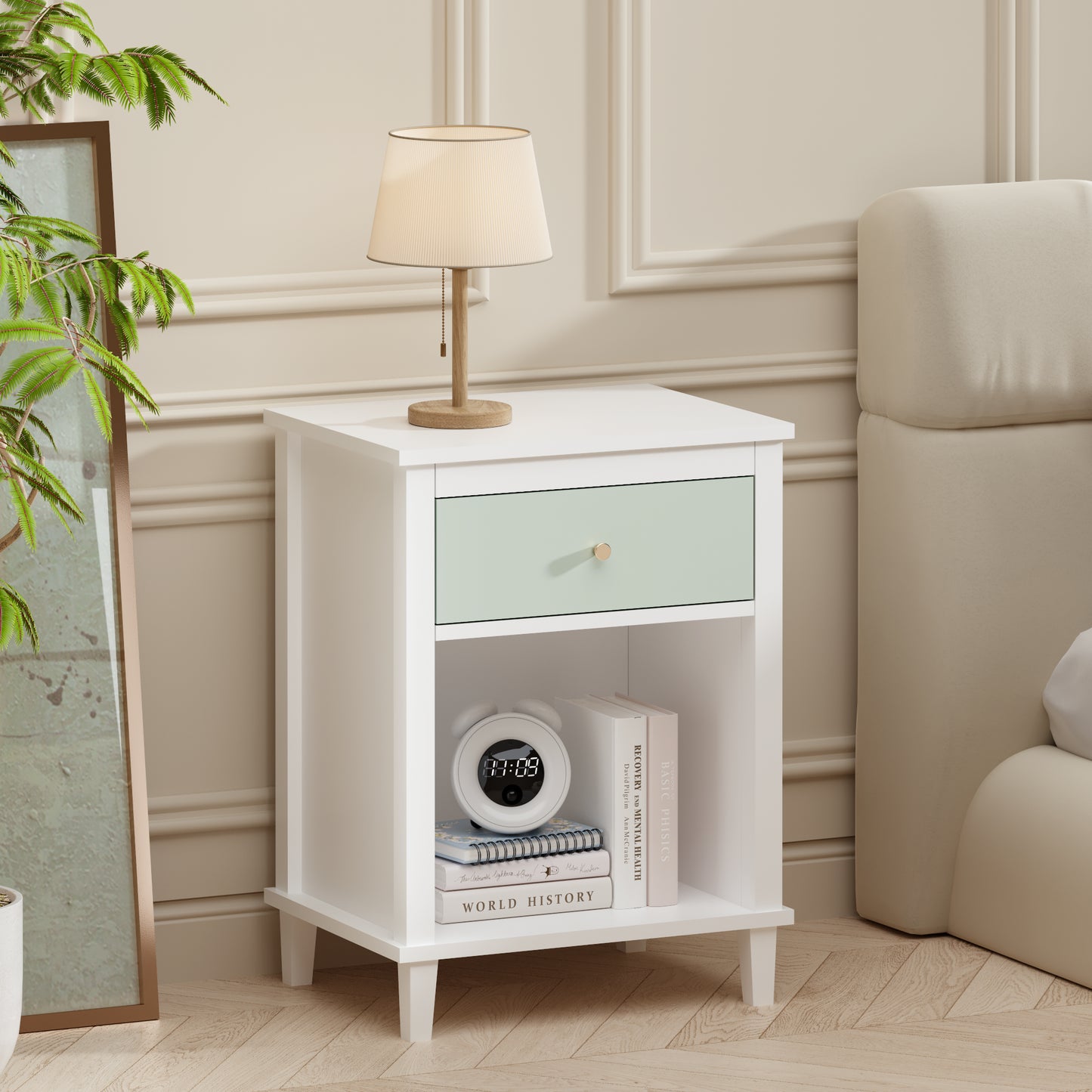 Wooden Nightstand with Drawer and Shelf - White & Green
