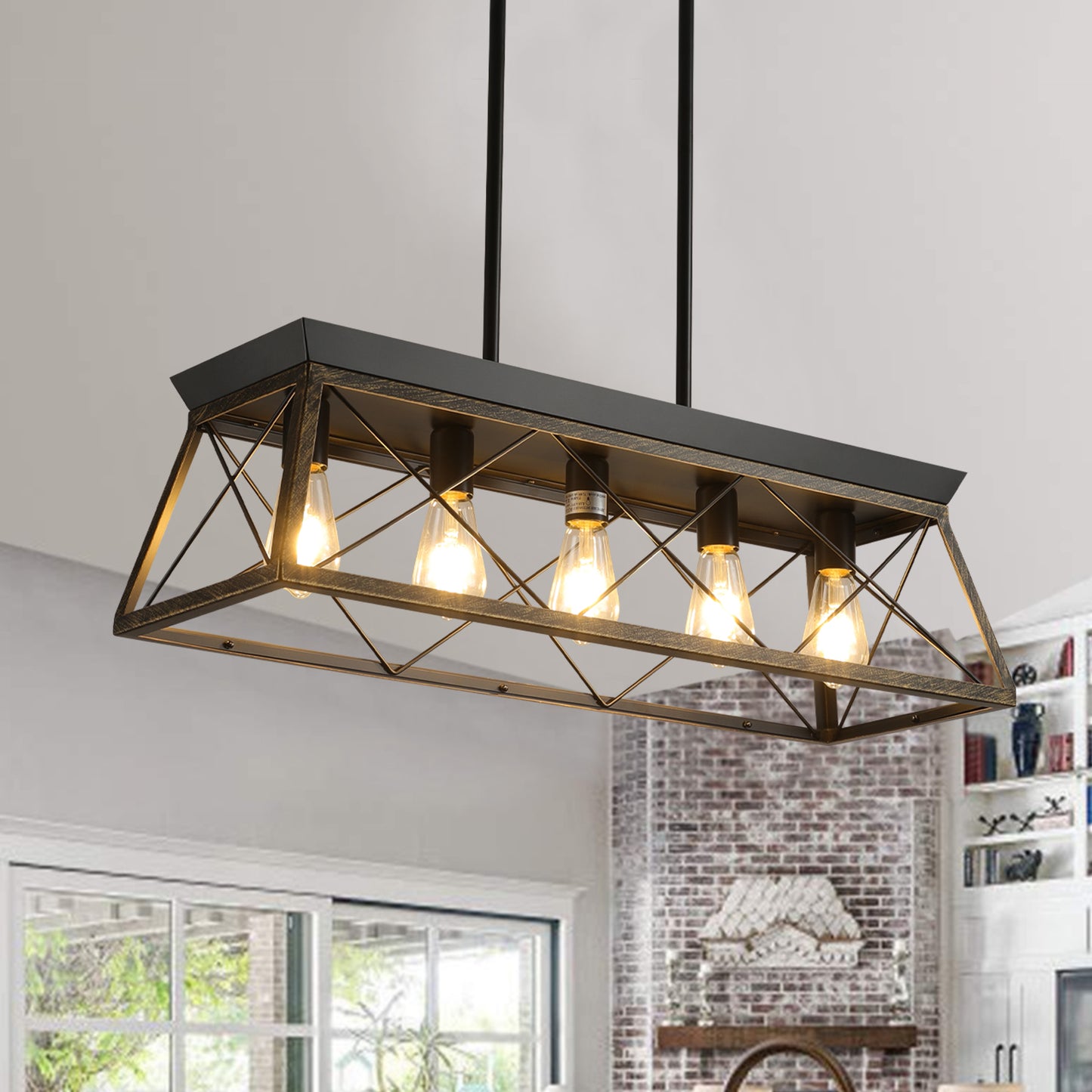 Black Gold Industrial Pendant Light Fixture 32in Modern Metal Cage Chandelier