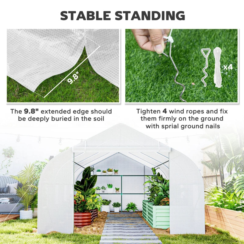 Large Walk-In Tunnel Greenhouse with Roll-Up Door - White Garden Shelter