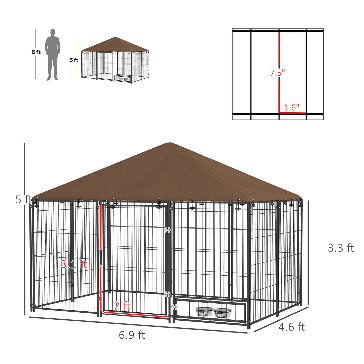 Outdoor Dog Kennel with Canopy, 6.9 x 4.6 ft Puppy Playpen with Rotating Bowls - Black