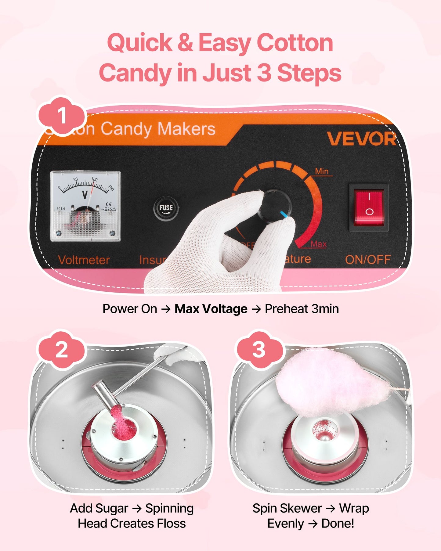 Electric Cotton Candy Machine 1000W with Stainless Steel Bowl & Cover - Perfect for Home & Parties