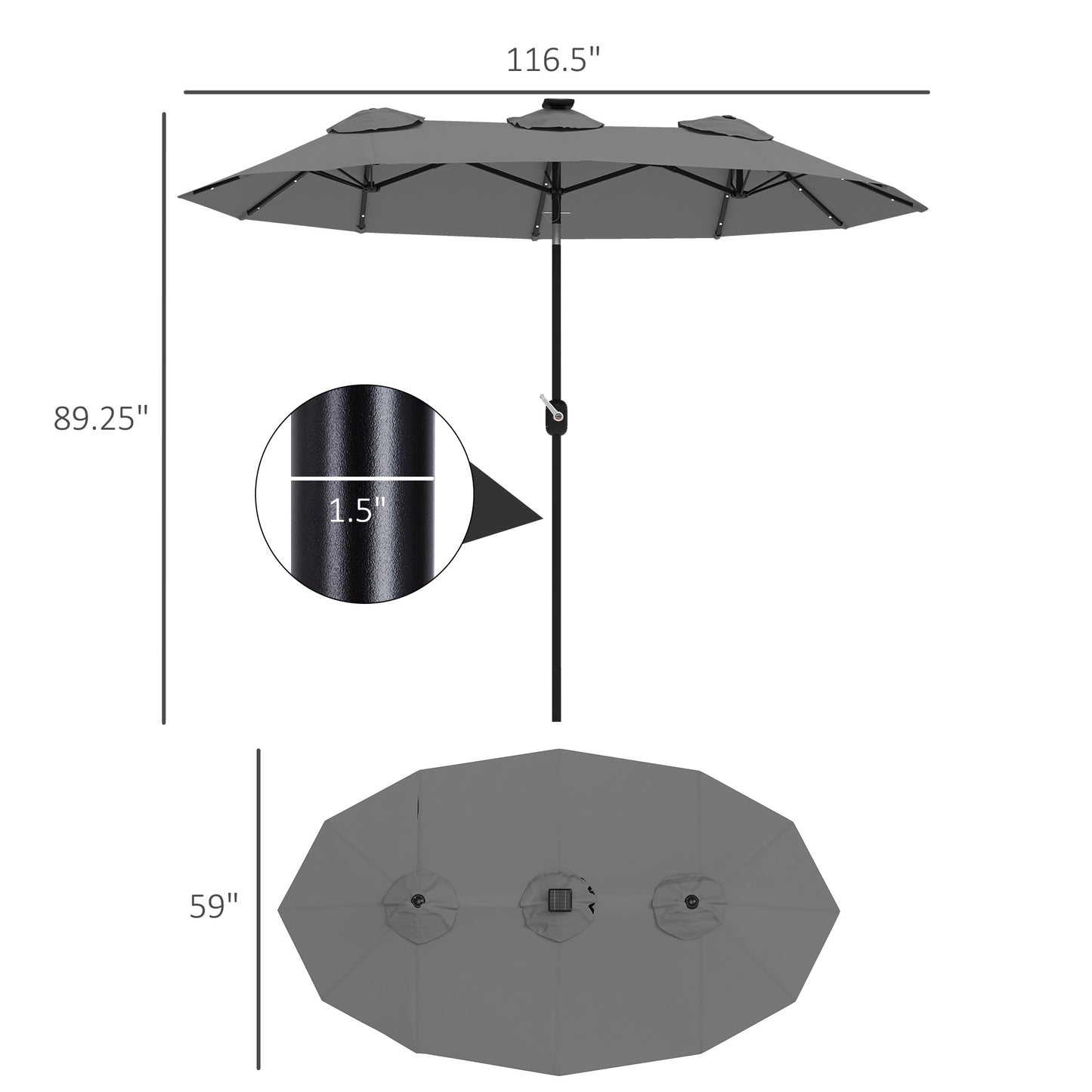Double-Sided Patio Umbrella with Solar LED Light - Gray