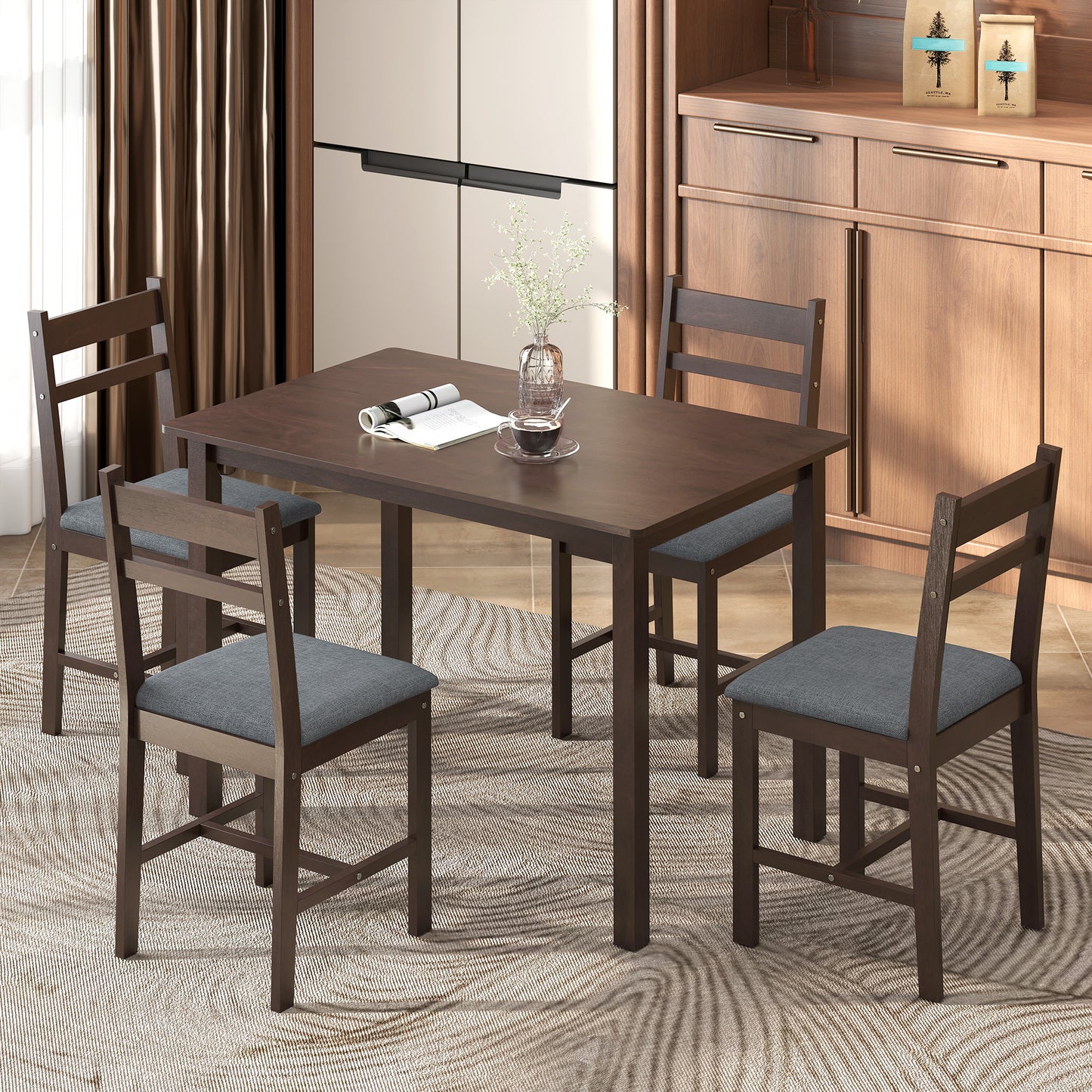 5-Piece Solid Wood Dining Table Set for 4, Farmhouse Kitchen with