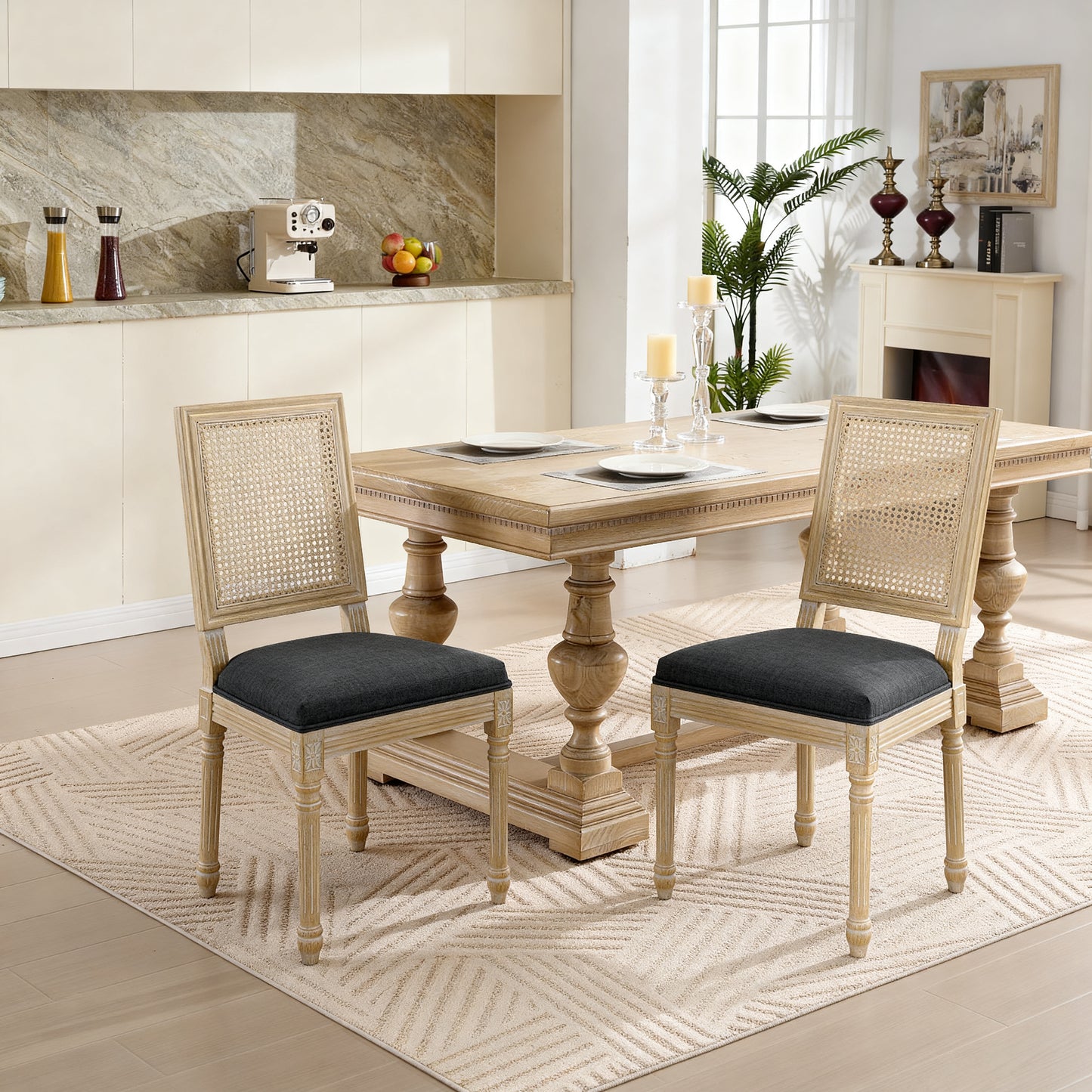 French Country Dining Chairs Set of 2 - Upholstered Grey