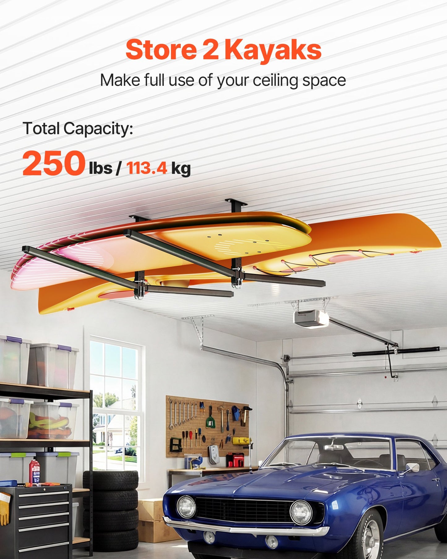Heavy Duty Ceiling Kayak Rack for 2 Kayaks - Adjustable Garage Storage Rack