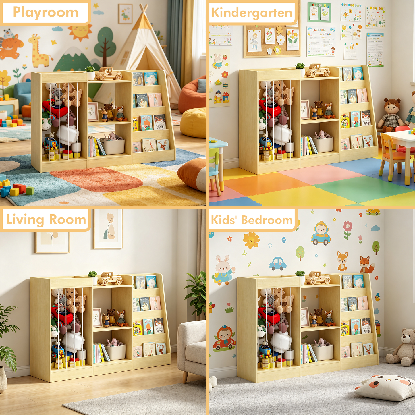3-in-1 Kids Bookshelf and Toy Storage - Natural