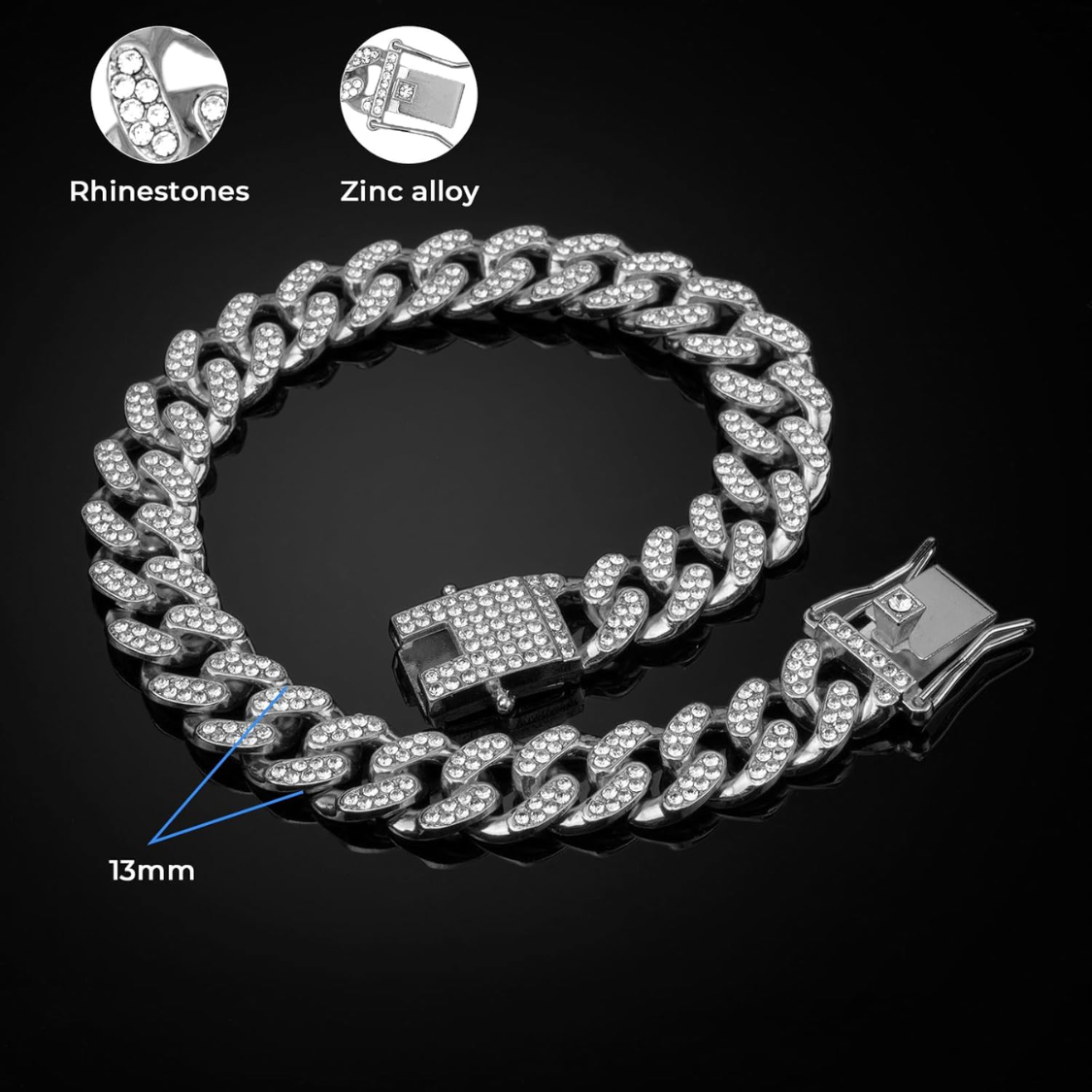 Silver Dog Chain Collar with Diamonds - 13mm Wide Metal Pet Necklace