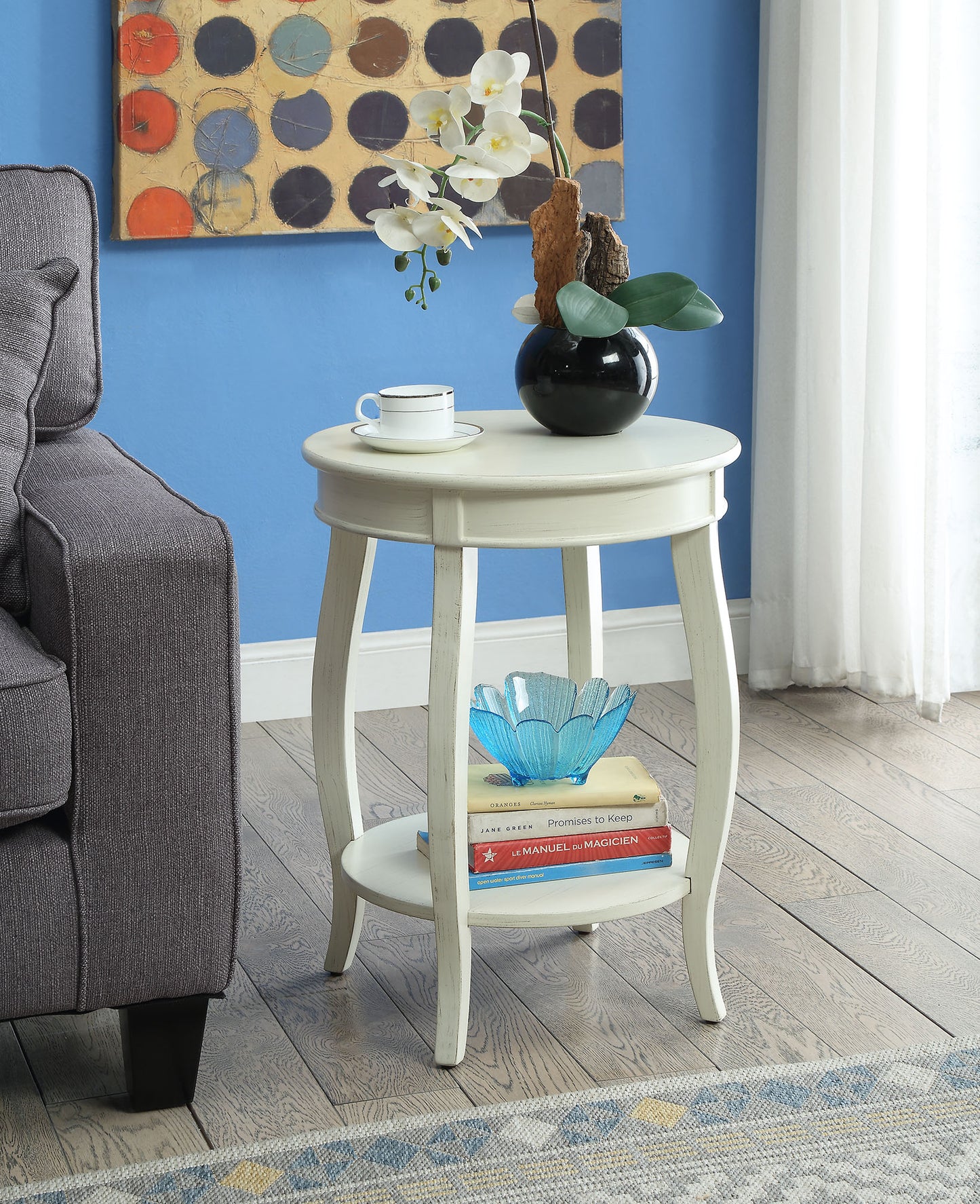 Antique White Accent Table with Open Storage Shelf