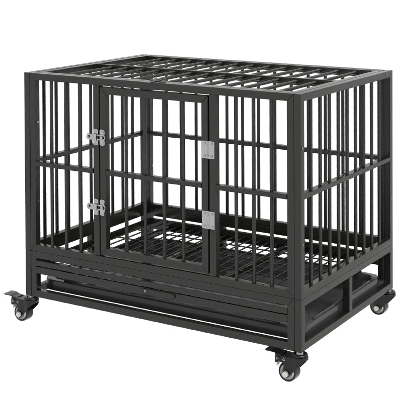 Heavy Duty Metal Dog Crate with Lockable Wheels, Double Doors & Removable Tray - Gray