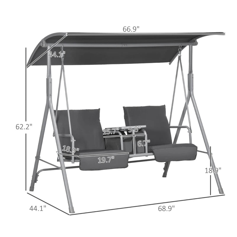 2-Seater Outdoor Porch Swing with Canopy & Tray - Gray