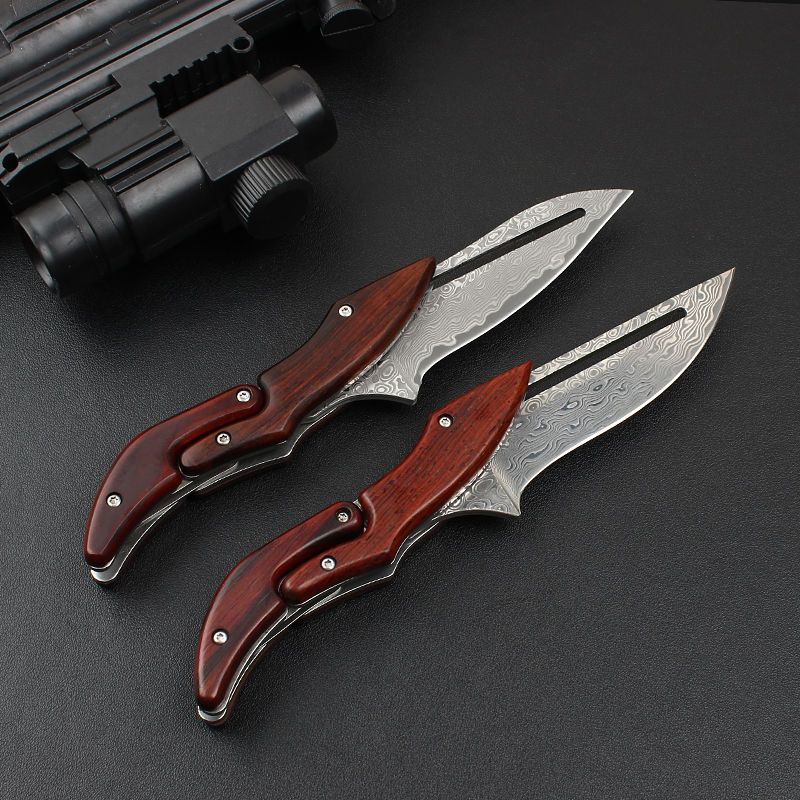 Portable Folding Camping Knife with Damascus Steel Blade and Wood Handle