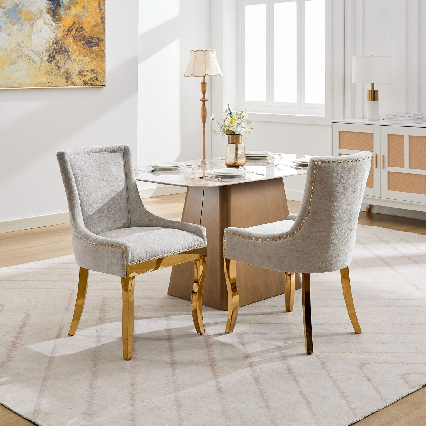 Chenille Dining Chairs Set of 2 - Modern Gold-Plated Legs