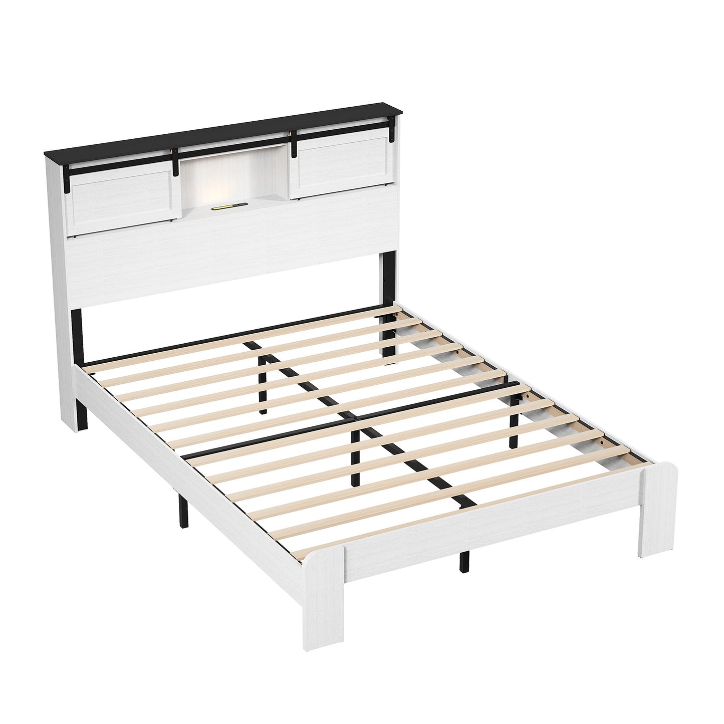 Farmhouse Queen Size Bed Frame with Storage & USB Charging