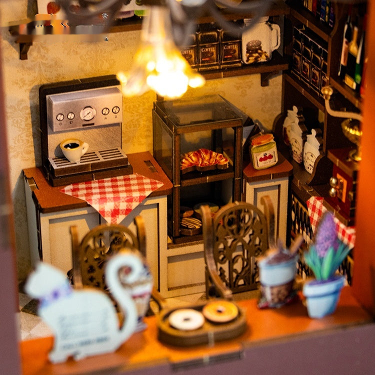 Mini Wooden Cafe Building Model Kit with LED Light - Creative Home Decor