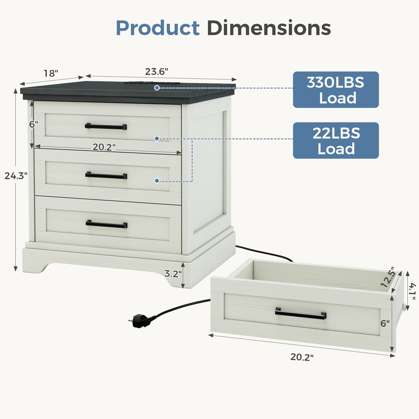 Country-Style Bedside Table with Charging Station & Drawer - White