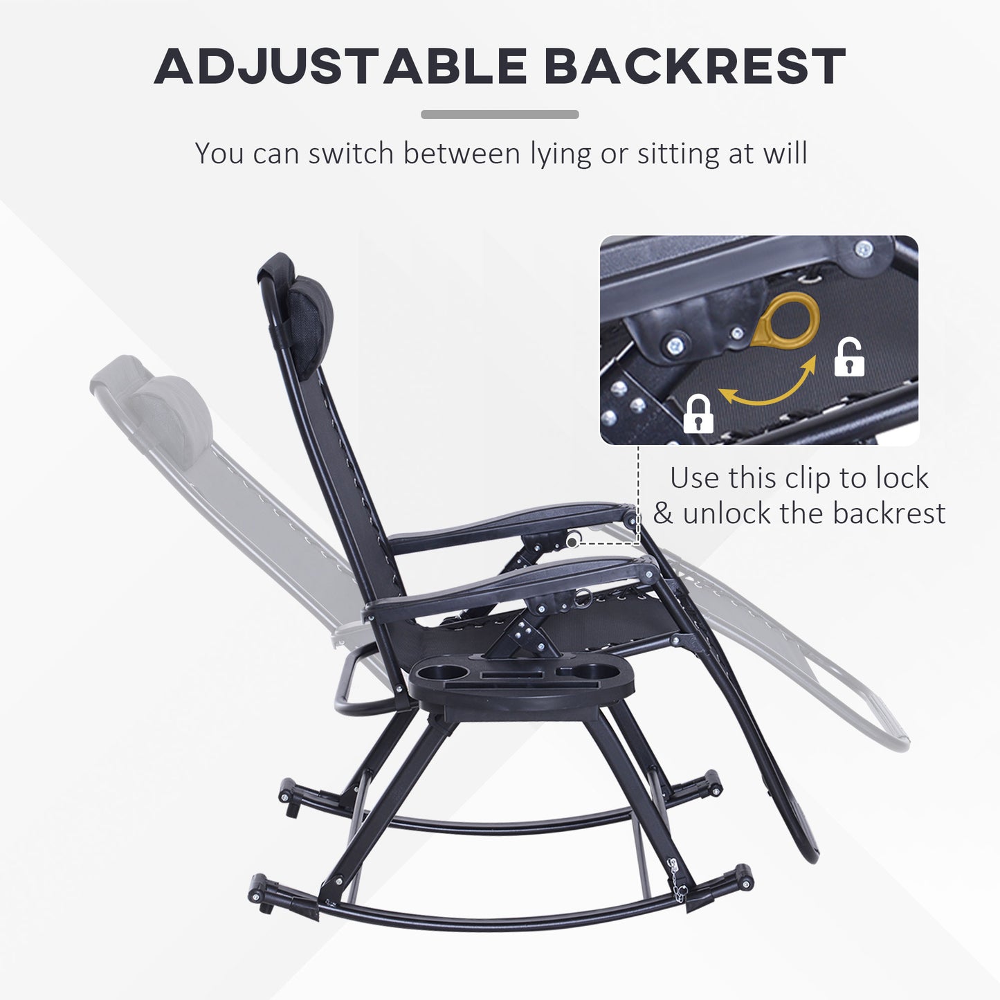 Zero Gravity Rocking Chair - Foldable Reclining Lounge with Pillow, Cup Holder, Black