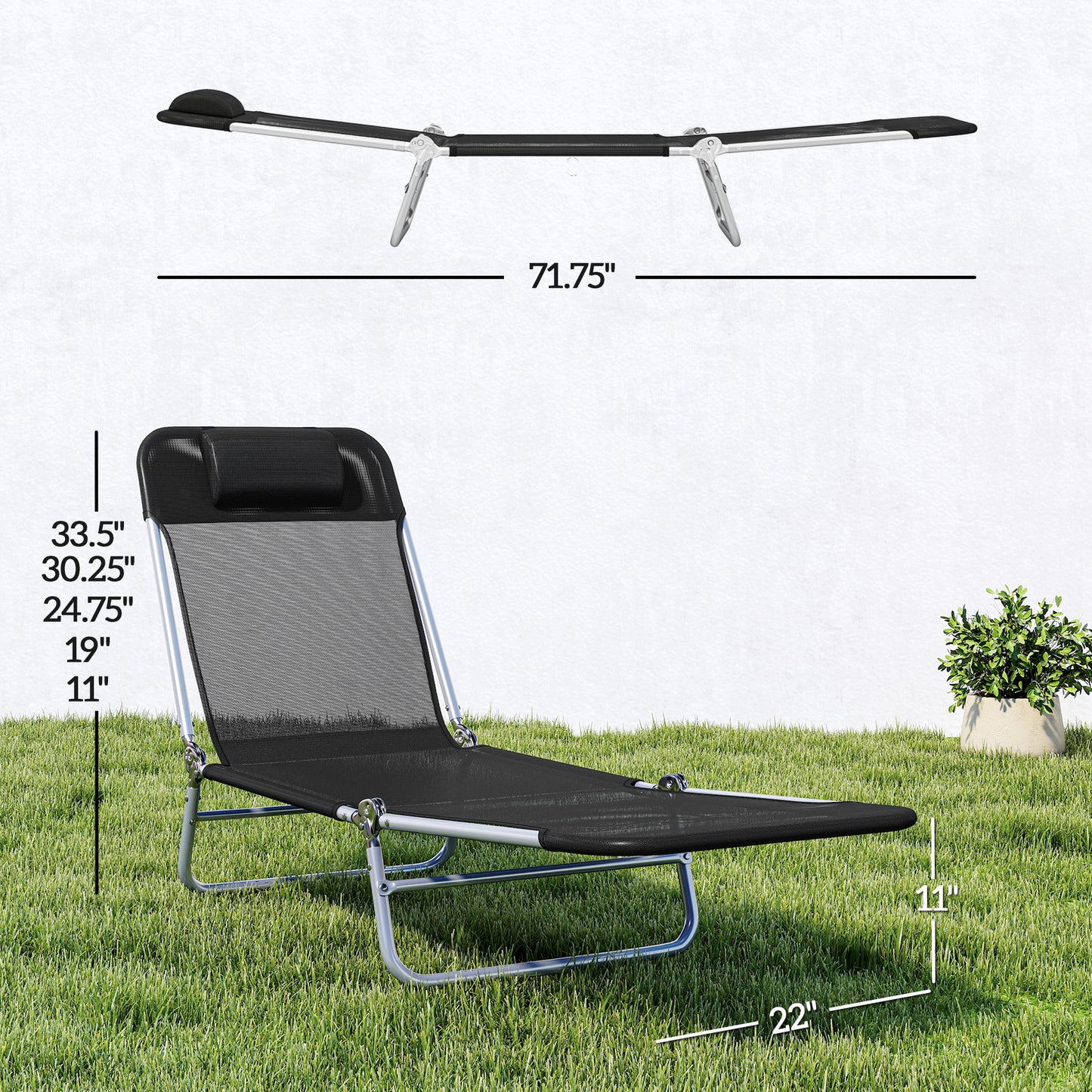 Folding Chaise Lounge Chair - Portable Beach Poolside Tanning Chair, Black
