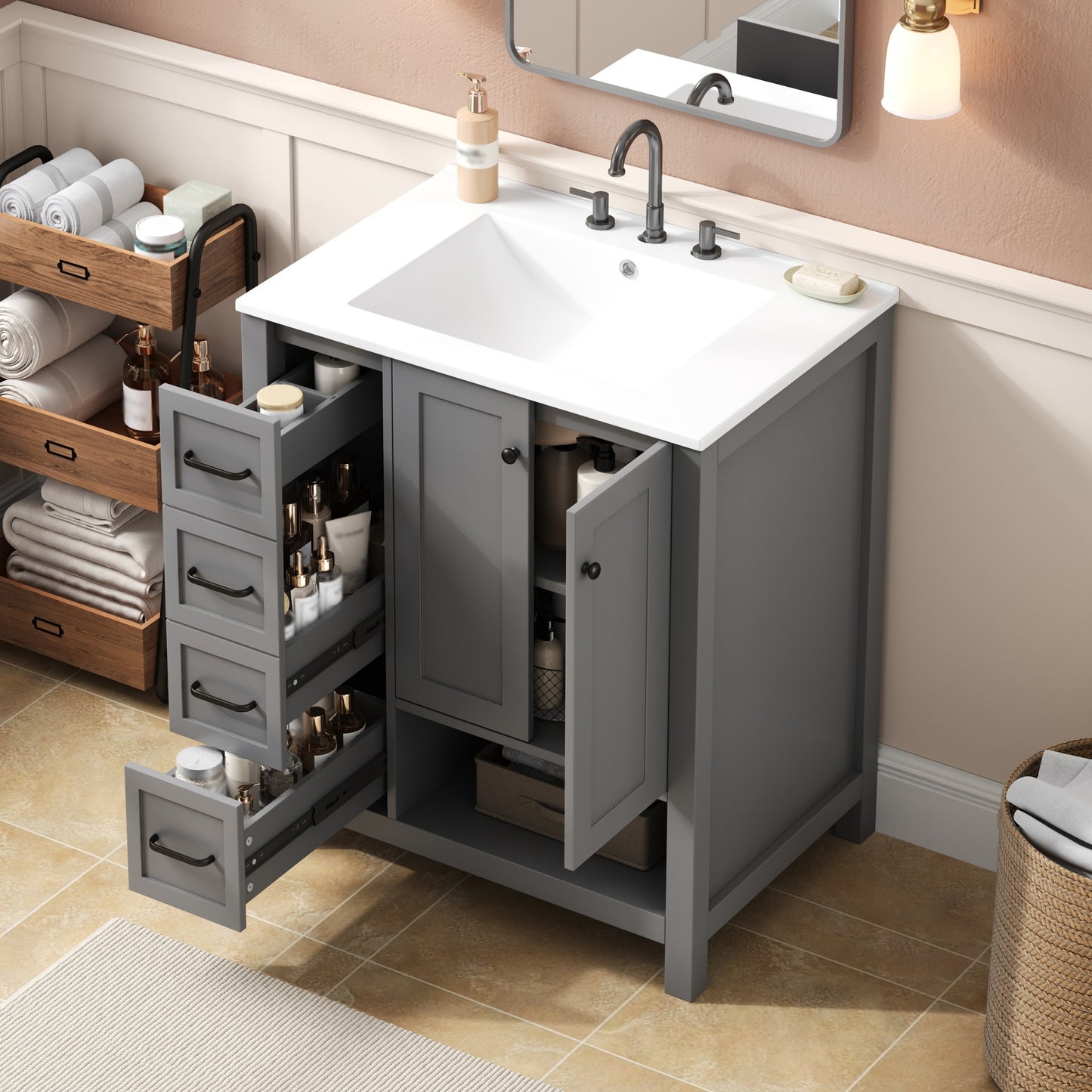 30" Gray Bathroom Vanity with Sink, Solid Wood & MDF Cabinet