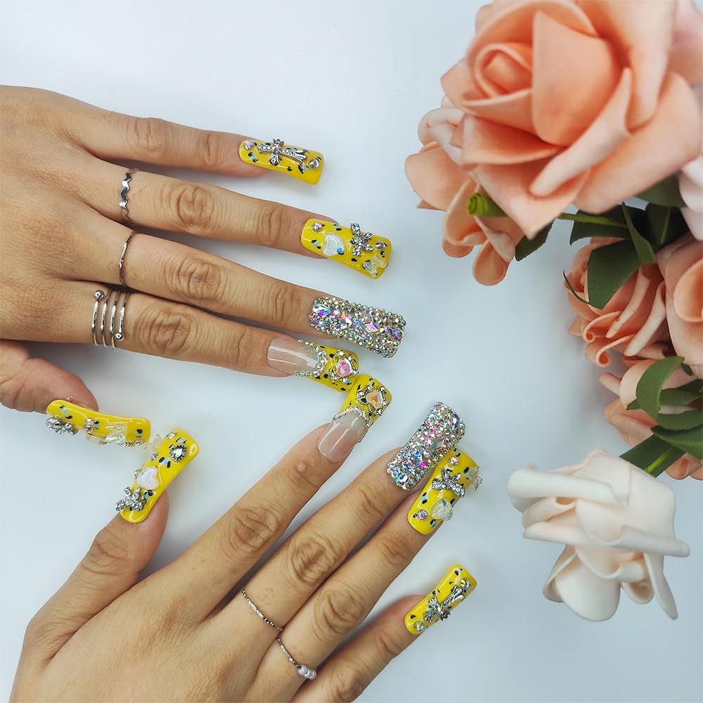 Duck Shape Press-On Nails - Handmade Acrylic Rhinestone Butterfly Design