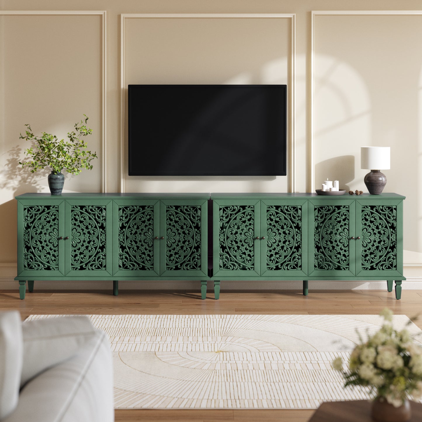 60" Antique Buffet Cabinet with Floral Carvings & Brass Handles - Antique Green