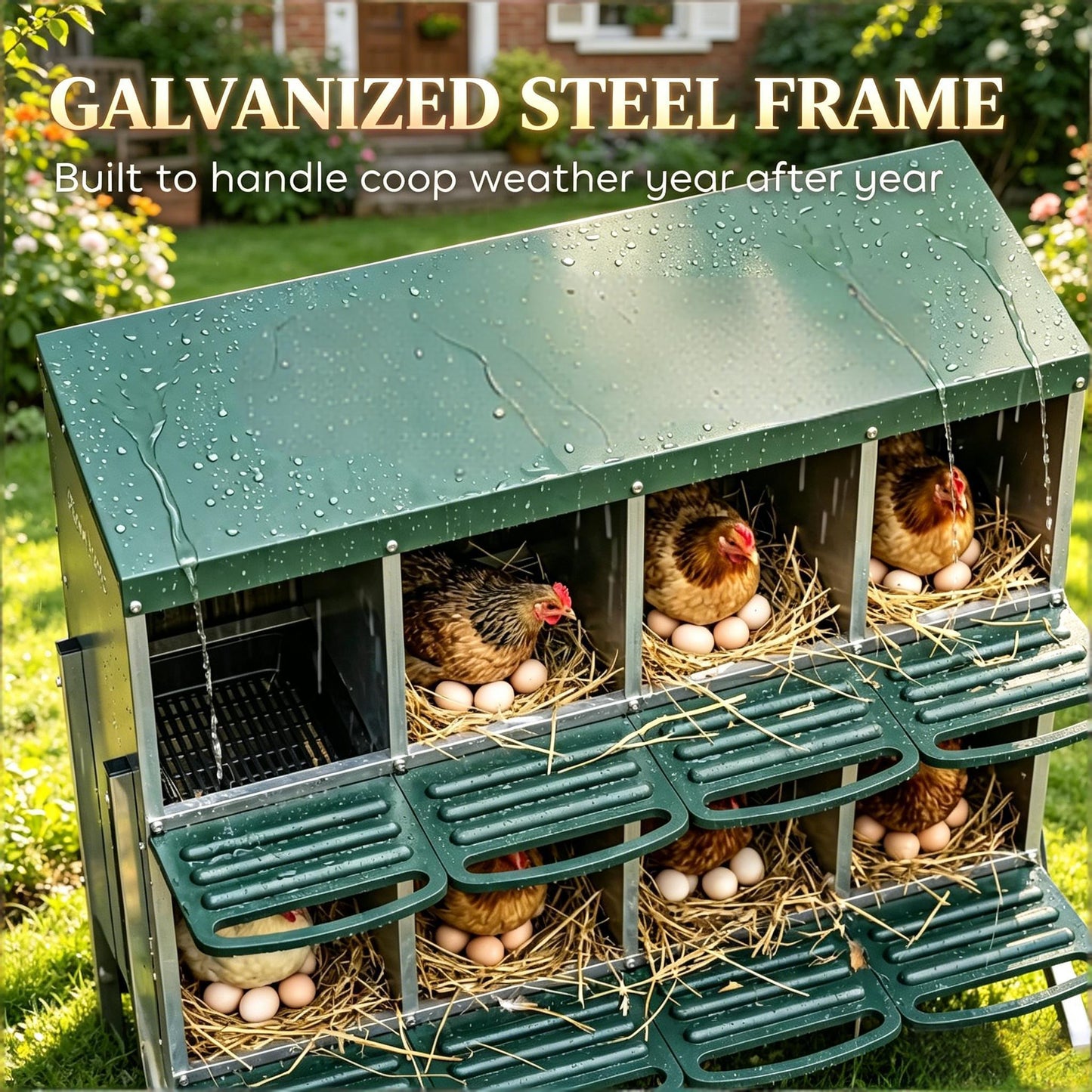 Chicken Nesting Boxes with 8 Ventilated Compartments - Black, Green, Silver