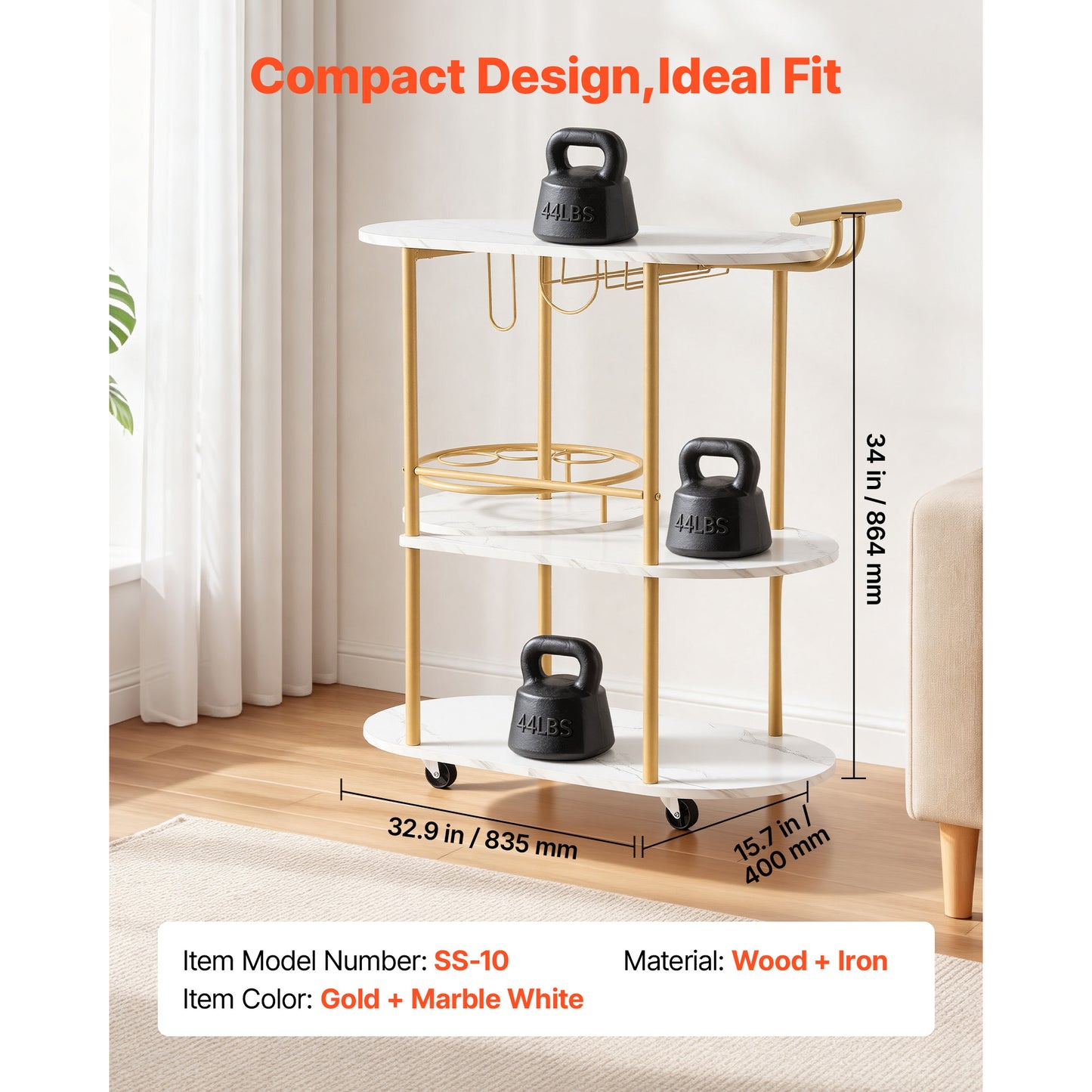 Bar Cart with 3 Tiers, Wooden Shelf, Wine Rack & Glass Holder - Gold Rolling Serving Trolley