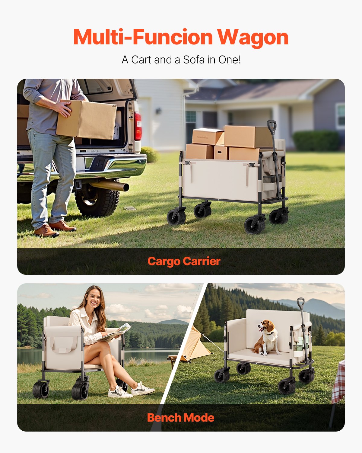 Foldable Wagon Cart with Bench Conversion - Heavy Duty Utility Cart 550lb Load