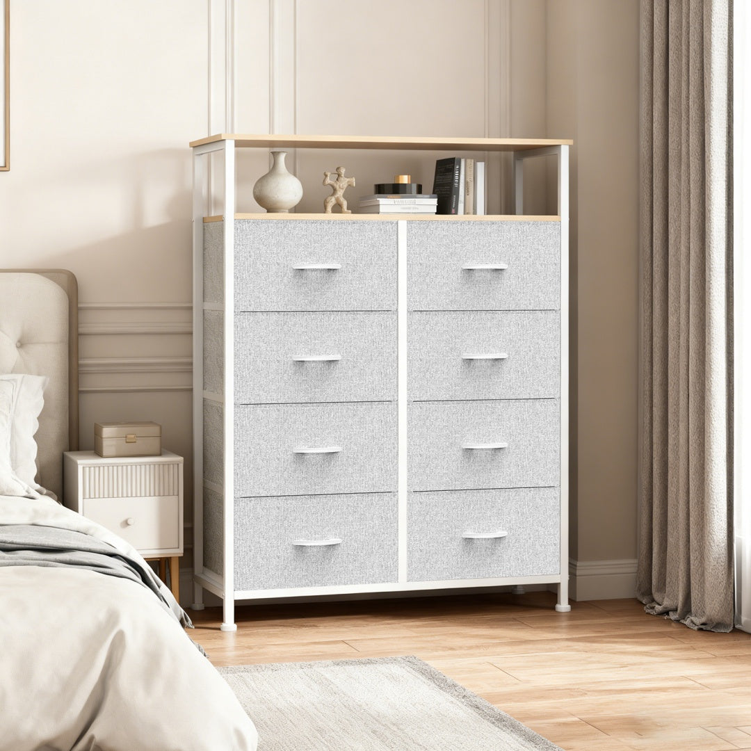 Light Grey Wooden Storage Unit with 8 Shelves and Drawers