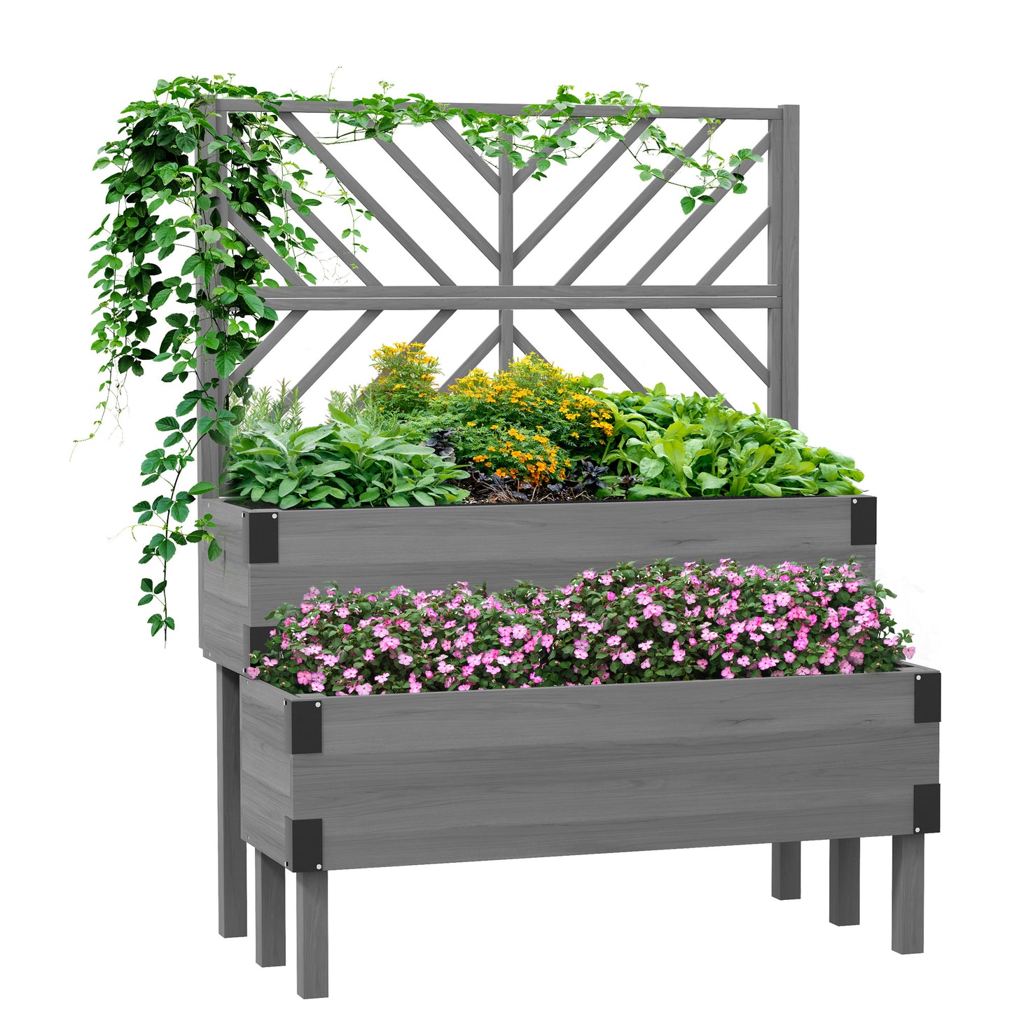 2-Tier Wooden Raised Garden Bed with Trellis Gray 1185x395x275mm