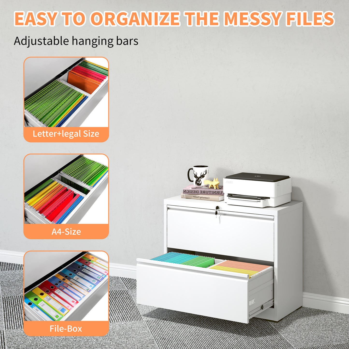 Lateral File Cabinet 2 Drawer, White Filing With Lock, Lockable For