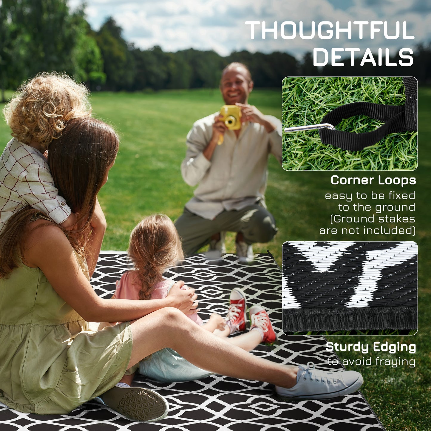 Reversible Outdoor Rug - Black & White Clover, 9x18 ft with Carry Bag