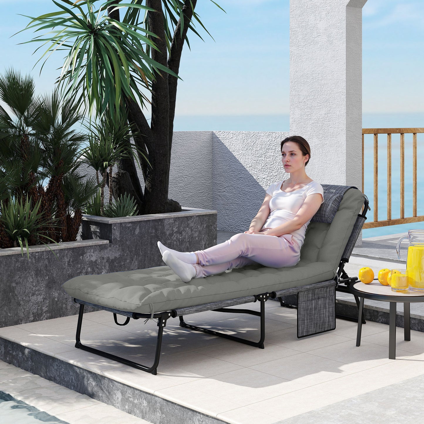 Folding Chaise Lounge Pool Chair with 4-Level Recline, Cushion & Pocket - Gray