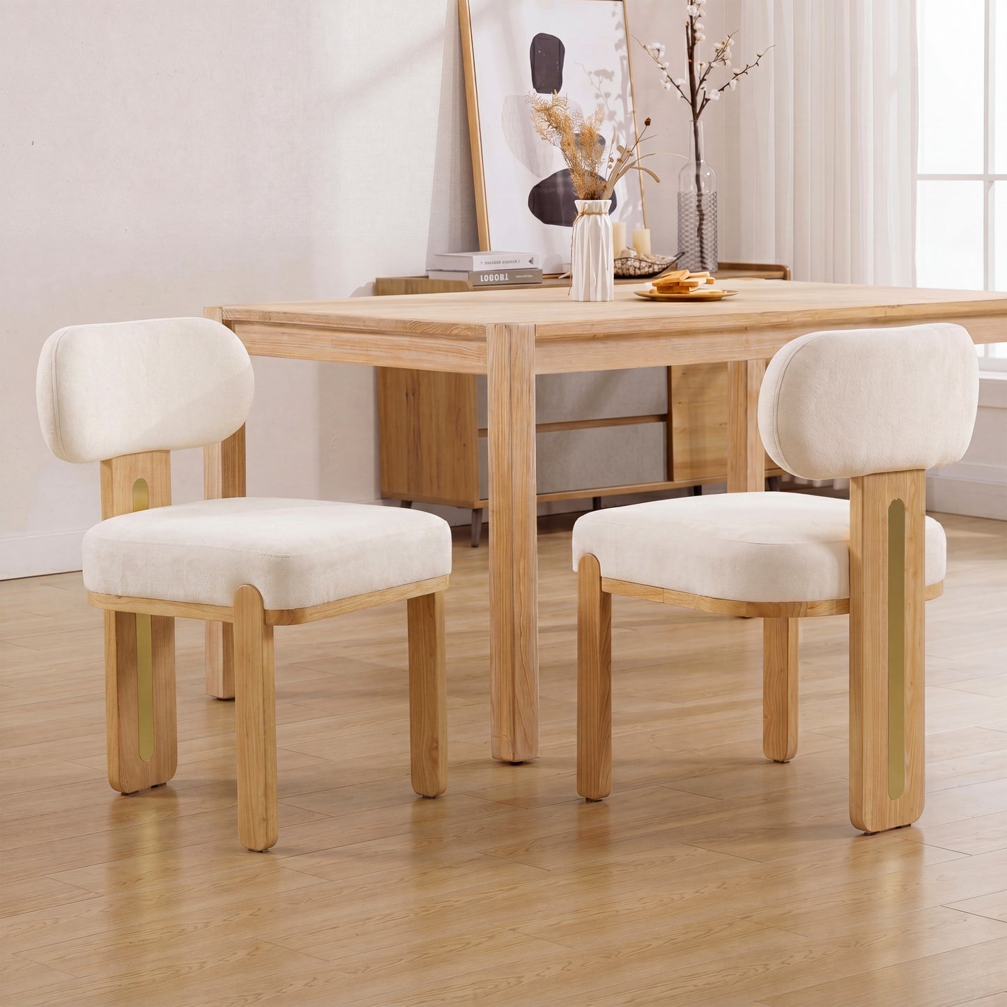 Modern Round Upholstered Dining Chair Set - Beige & Natural