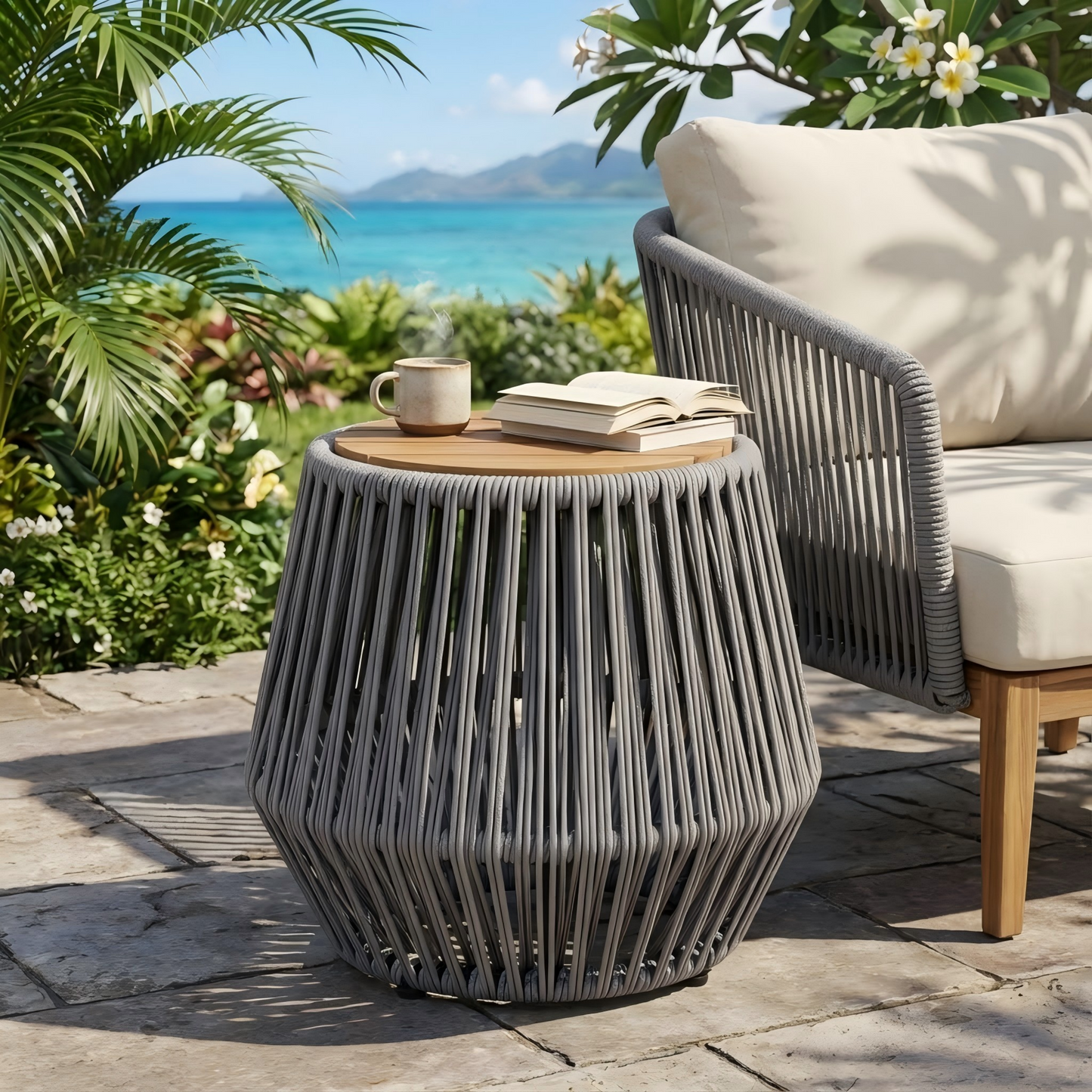 Acacia Wood Side Table With Grey Rope Base - Natural Teak Finish,